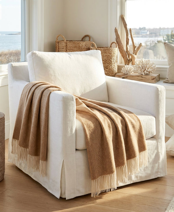 Tan with cream blanket with herringbone, rectangular with fringe edge