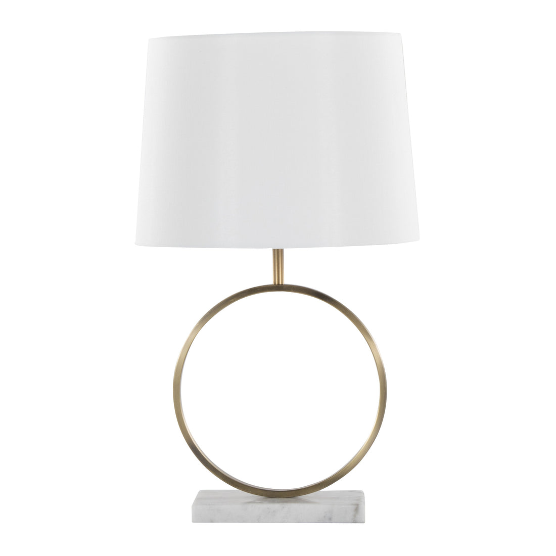 Marble Base Ring Table Lamp — Veined marble base and brass-tone ring frame with fabric shade