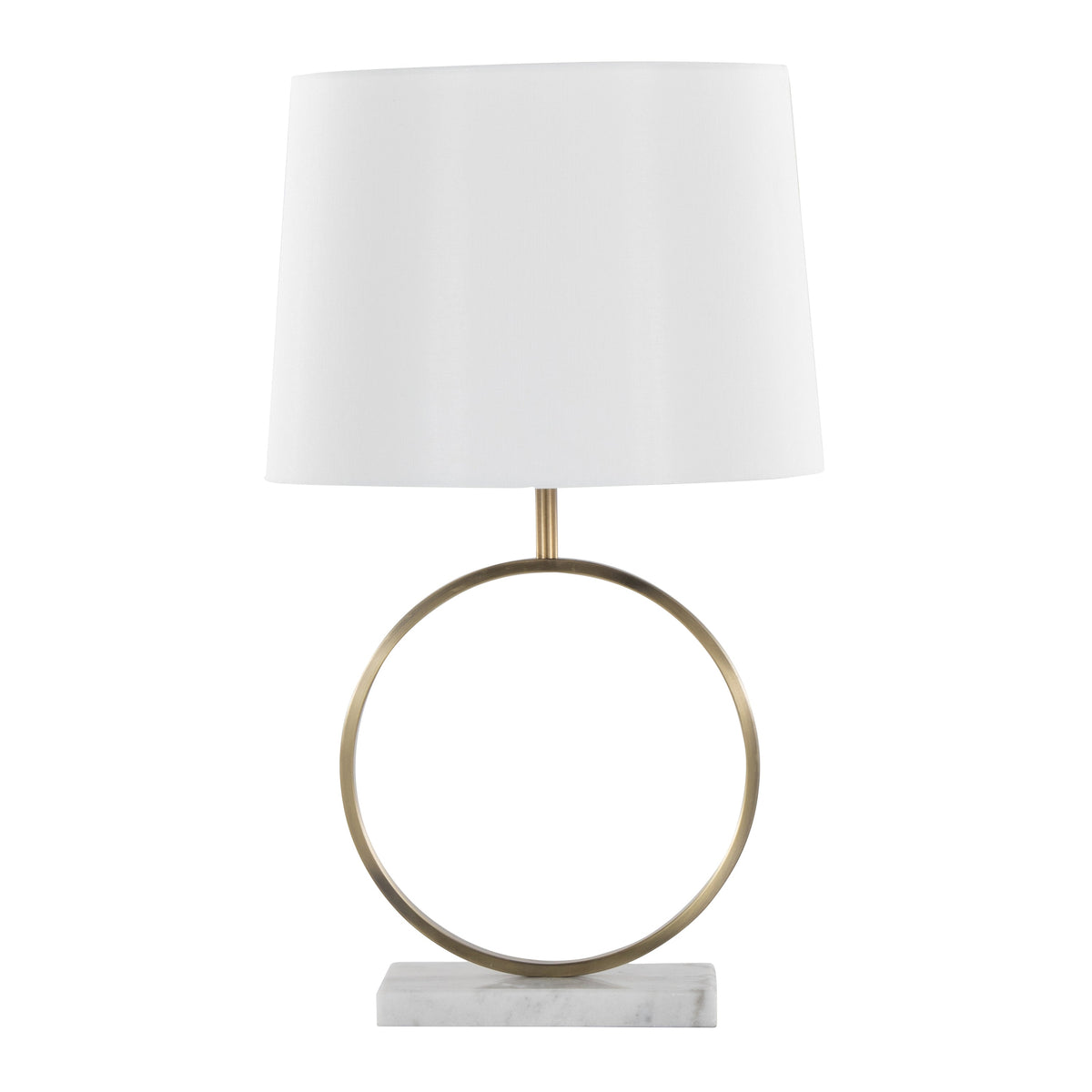 Marble Base Ring Table Lamp — Veined marble base and brass-tone ring frame with fabric shade