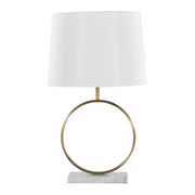 Marble Base Ring Table Lamp — Veined marble base and brass-tone ring frame with fabric shade