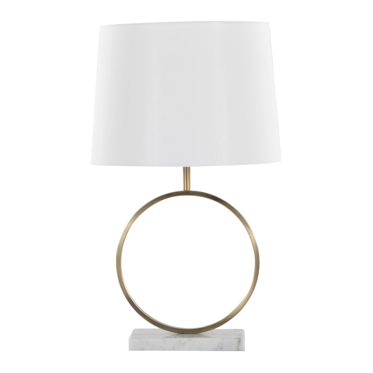 Marble Base Ring Table Lamp — Veined marble base and brass-tone ring frame with fabric shade