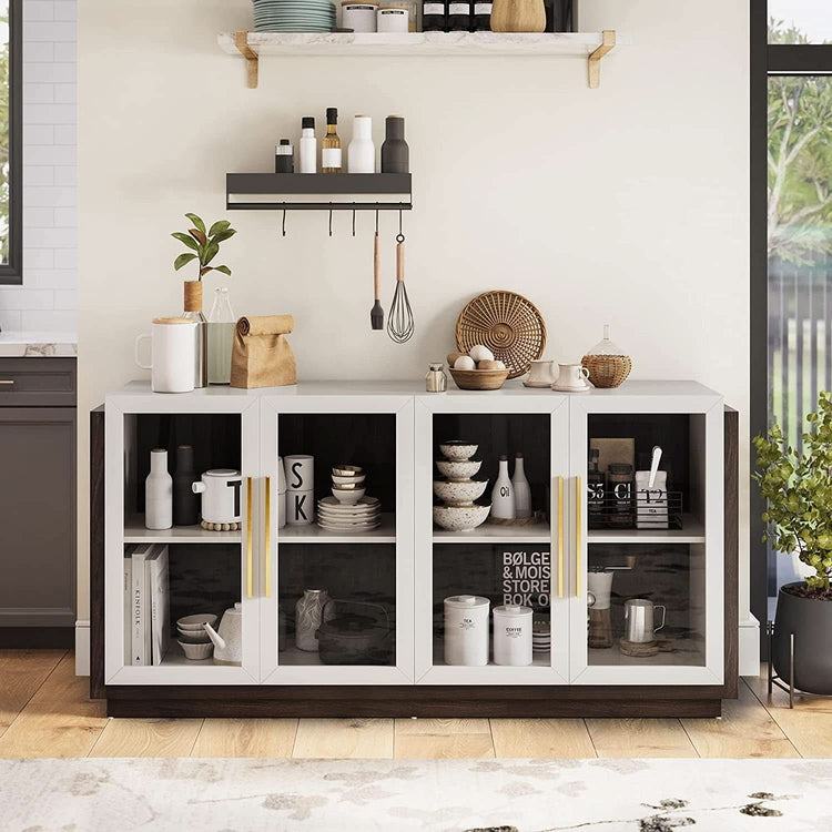 White & Wood-Tone Glass-Door Buffet Cabinet, 64 in