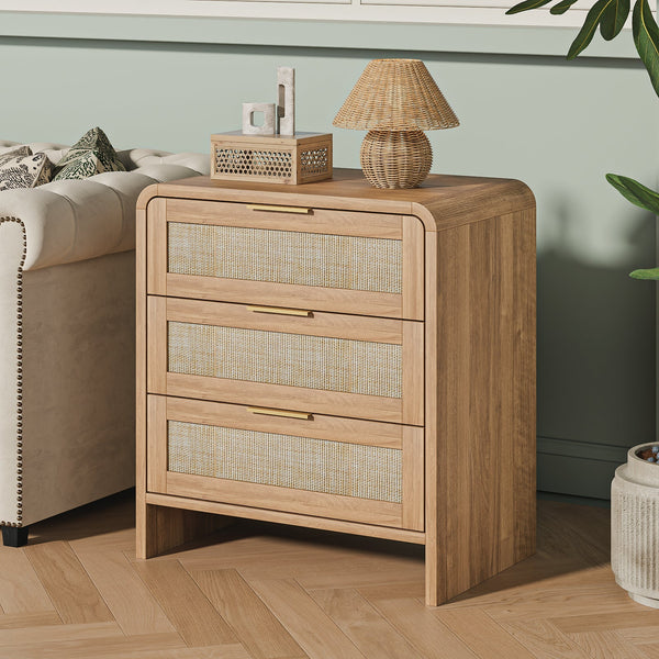 Rattan-Front Curved Nightstand Set — Curved rattan-front nightstand pair with three drawers and brass-tone pulls
