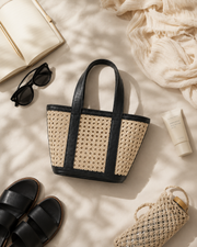 Leather Trim Cane Weave Carryall Bag