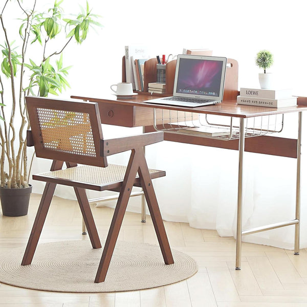 Brown dining chair with woven geometric grid
