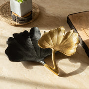 Black and Gold Ginkgo Leaf Tray — Two-tier ginkgo leaf tray in matte black and brushed gold finish