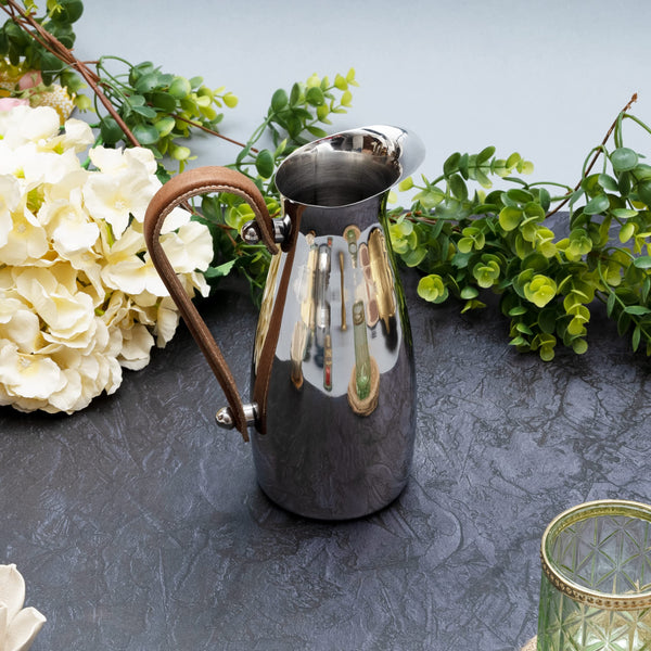 Polished Steel Leather-Handle Pitcher — back and side profile detail