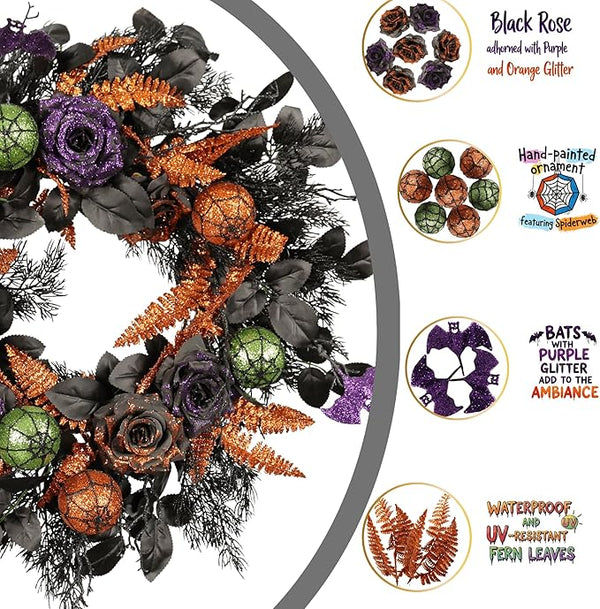 Glitter Rose Halloween Front Door Wreath