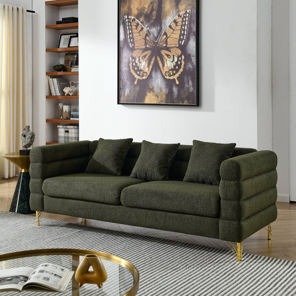 Boucle Channel-Arm Three-Seat Sofa styled with cushions on a terrace setting