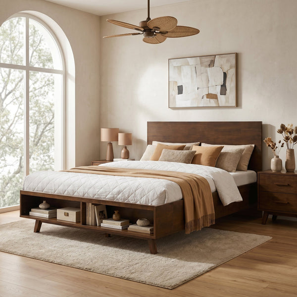 Walnut Platform Queen Bed Frame with Footboard Storage
