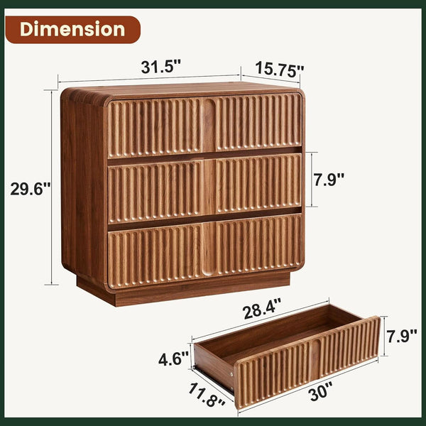Fluted Walnut-Finish Three Drawer Dresser