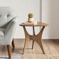 Elm-Finish Triangle Wood Side Table — Solid wood side table with arched tripod base and elm-tone finish