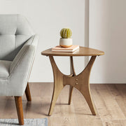 Elm-Finish Triangle Wood Side Table — Solid wood side table with arched tripod base and elm-tone finish