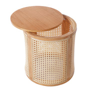 Cane Panel Round Wood Side Table — back and side profile detail
