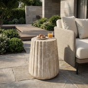 Fluted Concrete Outdoor Side Table — Fluted concrete side table with stone-veined finish for outdoor use