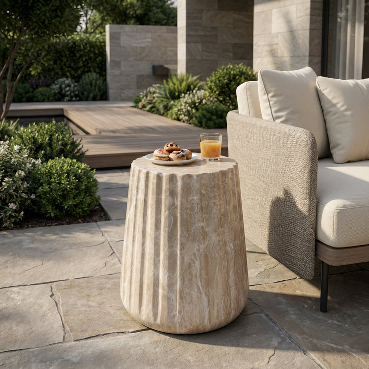 Fluted Concrete Outdoor Side Table — Fluted concrete side table with stone-veined finish for outdoor use