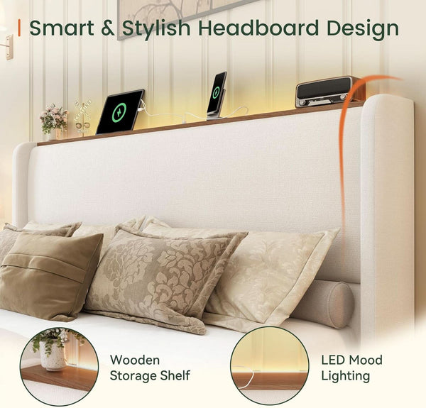 Upholstered Queen Bed Frame With LED and USB