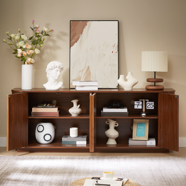 Reeded Walnut-Finish Sideboard Cabinet, 64 in
