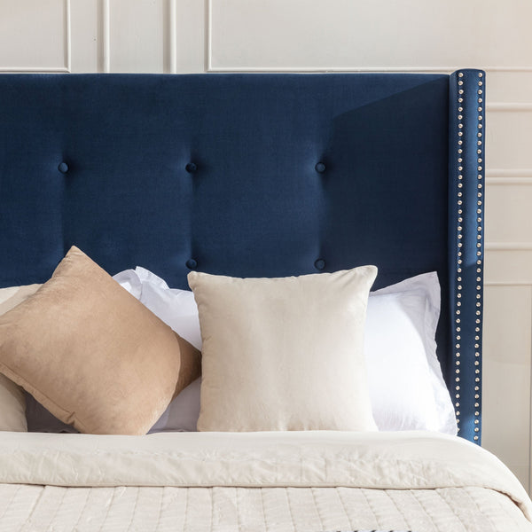 Close-up of velvet pile and tonal print texture — Tufted Velvet Wingback Queen Bed