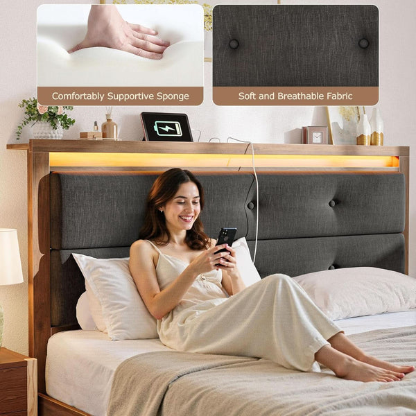 Upholstered King Bed Frame With LED and Charging