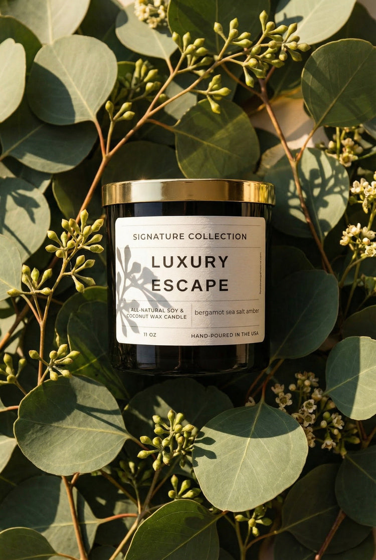 Luxury Escape Candle — Signature Collection by Fine Dining 4 Home, 11 oz bergamot/sea salt/amber soy-coconut wax candle, hand poured in USA