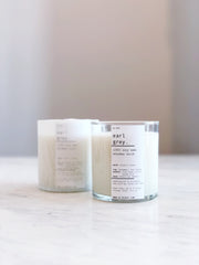 Earl Grey Wooden Wick Soy Candle styled on a table with linen and ceramics