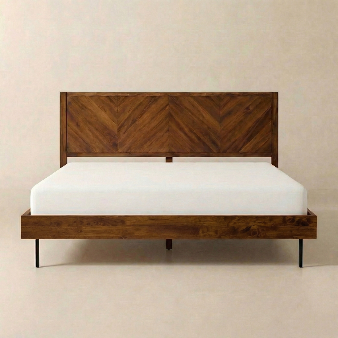 Chevron Hevea Wood Platform Bed — Solid hevea platform bed with book-matched chevron headboard and tapered steel legs