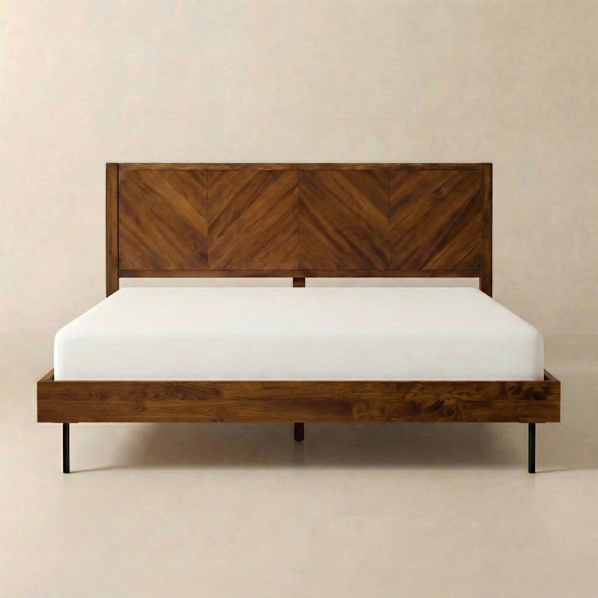 Chevron Hevea Wood Platform Bed — Solid hevea platform bed with book-matched chevron headboard and tapered steel legs