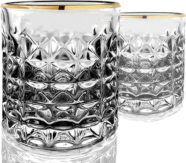 Gold-Rimmed Faceted Lowball Glass Set