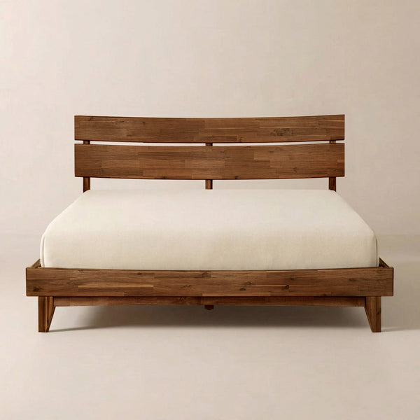 Slatted Wood-Grain Platform Bed Frame — Low-profile platform frame in finger-joined wood-grain boards, four finishes