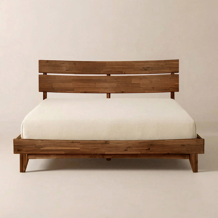 Slatted Wood-Grain Platform Bed Frame — Low-profile platform frame in finger-joined wood-grain boards, four finishes