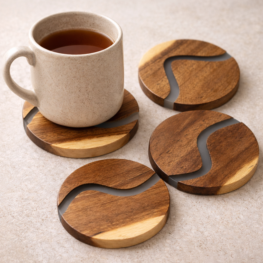 Wood & Clear Resin Coasters, Set of 4 — Add a refined, modern touch to your coffee table or bar with these wood and clear