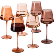 Tinted Glass Tall Wine Glasses Set styled on a marble bar cart with glassware
