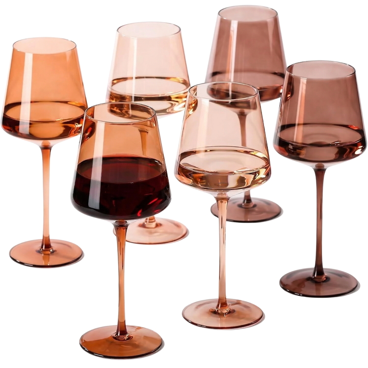Tinted Glass Tall Wine Glasses Set styled on a marble bar cart with glassware