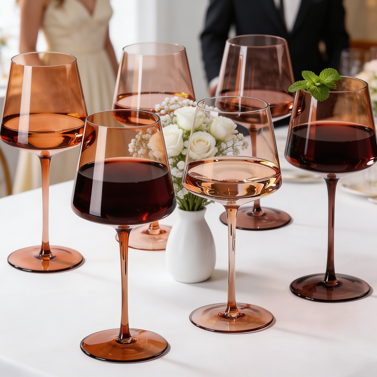 Tinted Glass Tall Wine Glasses Set — Six tinted amber wine glasses, 22.3 oz, tall-stemmed and table-ready