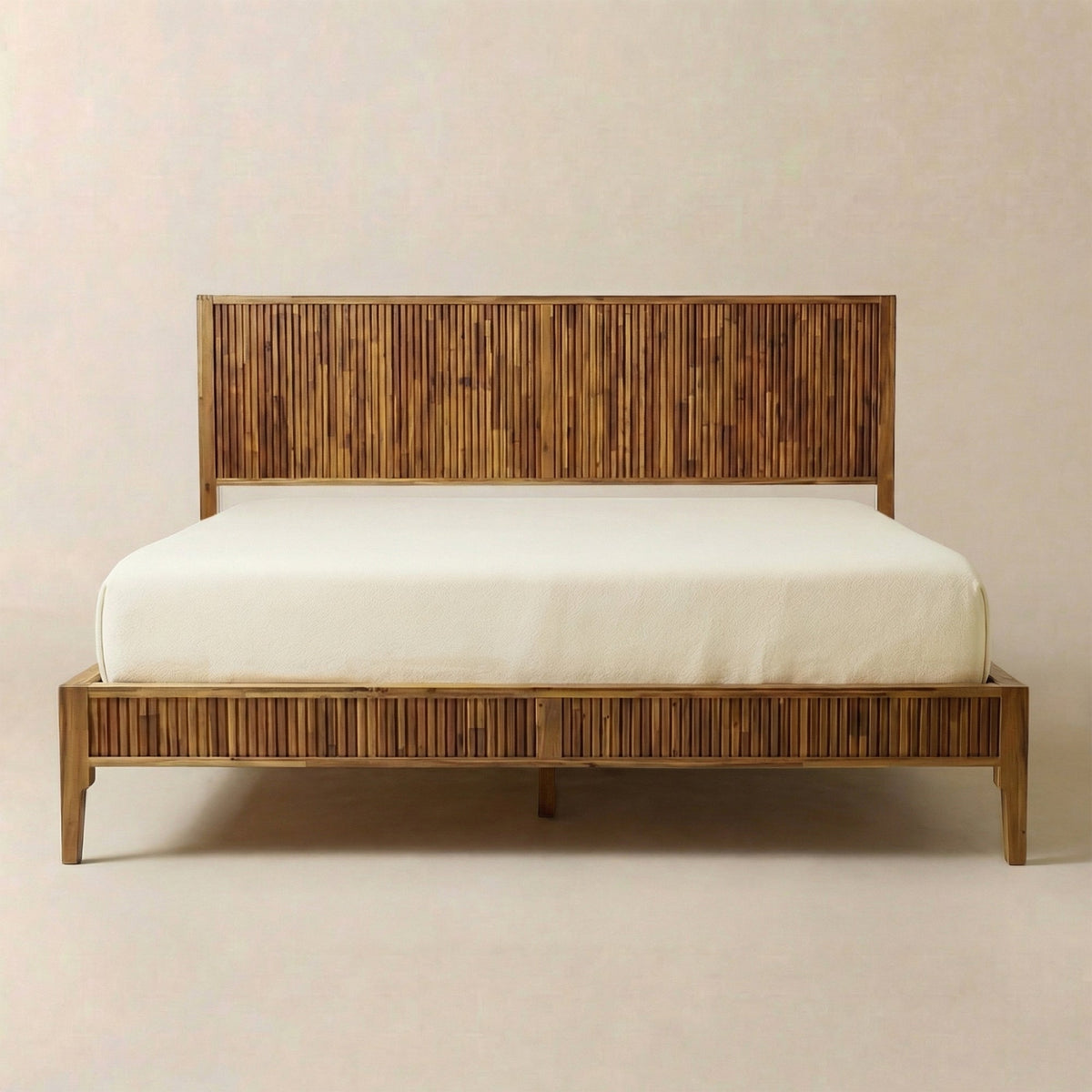 Fluted Acacia Wood Bed Frame — Solid acacia bed frame with hand-routed fluting, available in Queen and King
