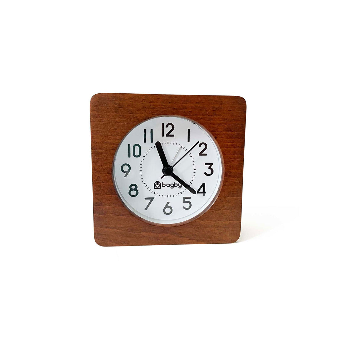 A square wooden alarm clock with a warm brown wood-grain finish and a white face, featuring black hands and numerals. The brand name 'boppy' is visible on the clock face.