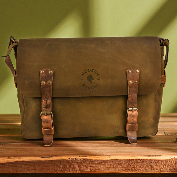 Treated Bovine Leather Buckled Messenger Bag