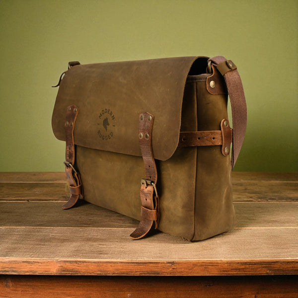 Treated Bovine Leather Buckled Messenger Bag