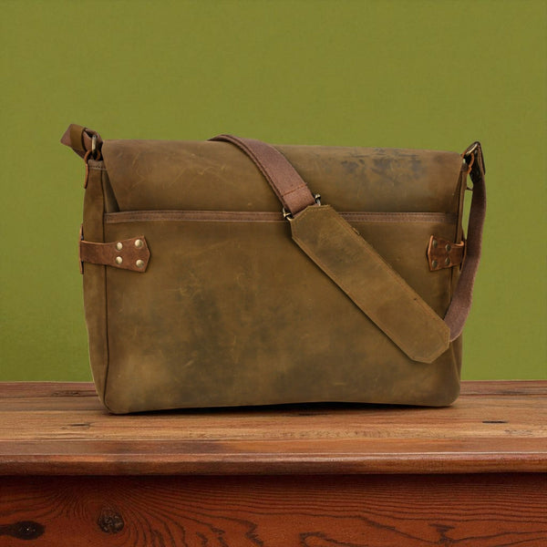Treated Bovine Leather Buckled Messenger Bag