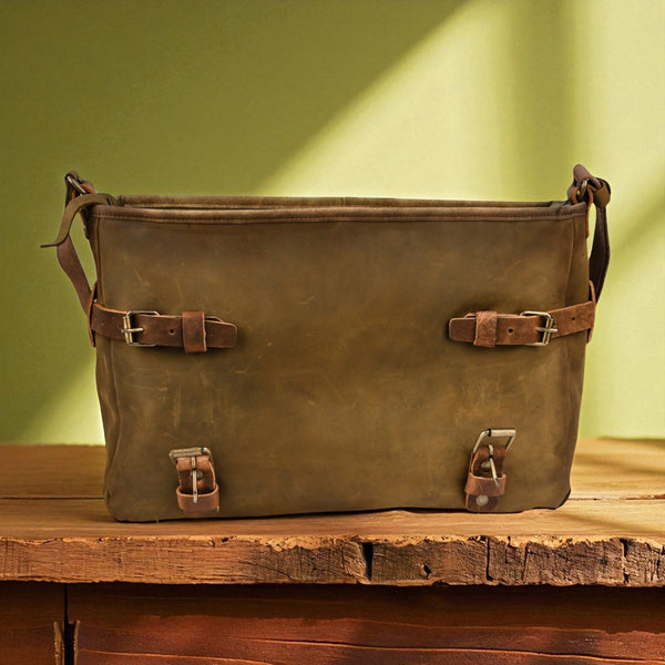 Treated Bovine Leather Buckled Messenger Bag
