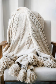 Cable-Knit Pom Pom Throw Blanket