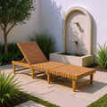 Woven Strap Acacia Outdoor Chaise — Acacia-framed chaise with woven synthetic strap surface and adjustable backrest