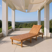 Close-up of acacia wood grain and teak-finish detail — Woven Strap Acacia Outdoor Chaise