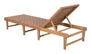 Woven Strap Acacia Outdoor Chaise — detail of finish and surface variation