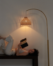 Brass Arc Floor Lamp with Wicker Dome Shade