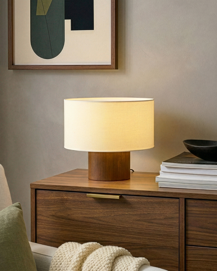 Drum Shade Wood-Base Table Lamp