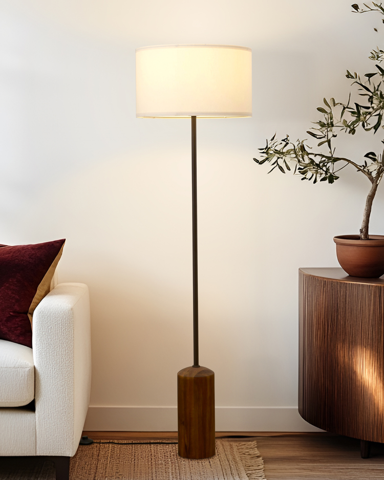 Wood Base Drum Shade Floor Lamp