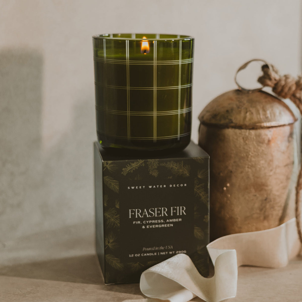 Fraser Fir Soy Candle, Olive Glass Jar, 12 oz