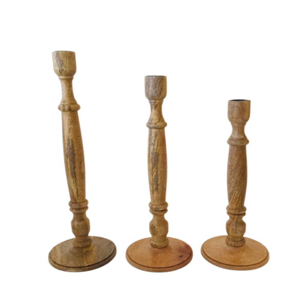 Natural Mango Wood Taper Candleholders, Set of 3